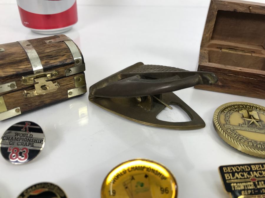 JUST ADDED - Collection Of Various Blackjack Pins, Buttons, Dunes Las Vegas One Dollar Chip, Wooden Trinket Boxes And More - See All Photos [Photo 24]