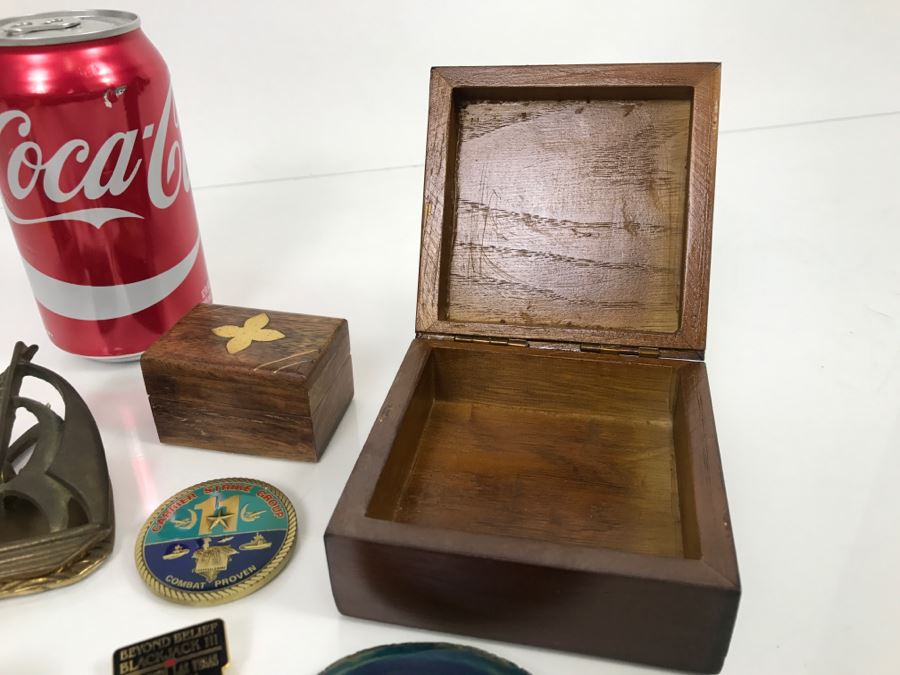 JUST ADDED - Collection Of Various Blackjack Pins, Buttons, Dunes Las Vegas One Dollar Chip, Wooden Trinket Boxes And More - See All Photos [Photo 3]