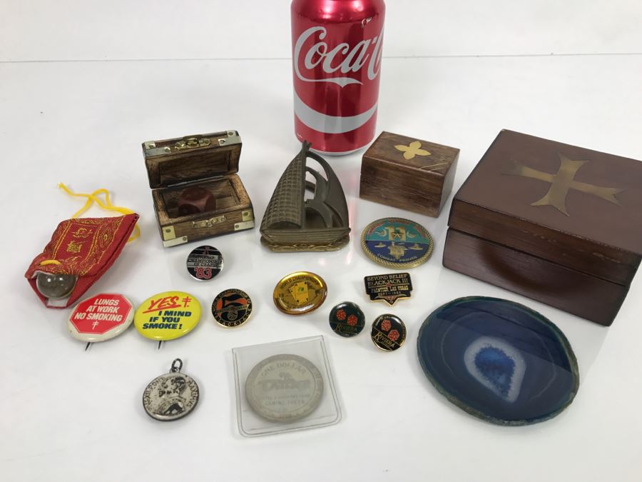 JUST ADDED - Collection Of Various Blackjack Pins, Buttons, Dunes Las Vegas One Dollar Chip, Wooden Trinket Boxes And More - See All Photos
