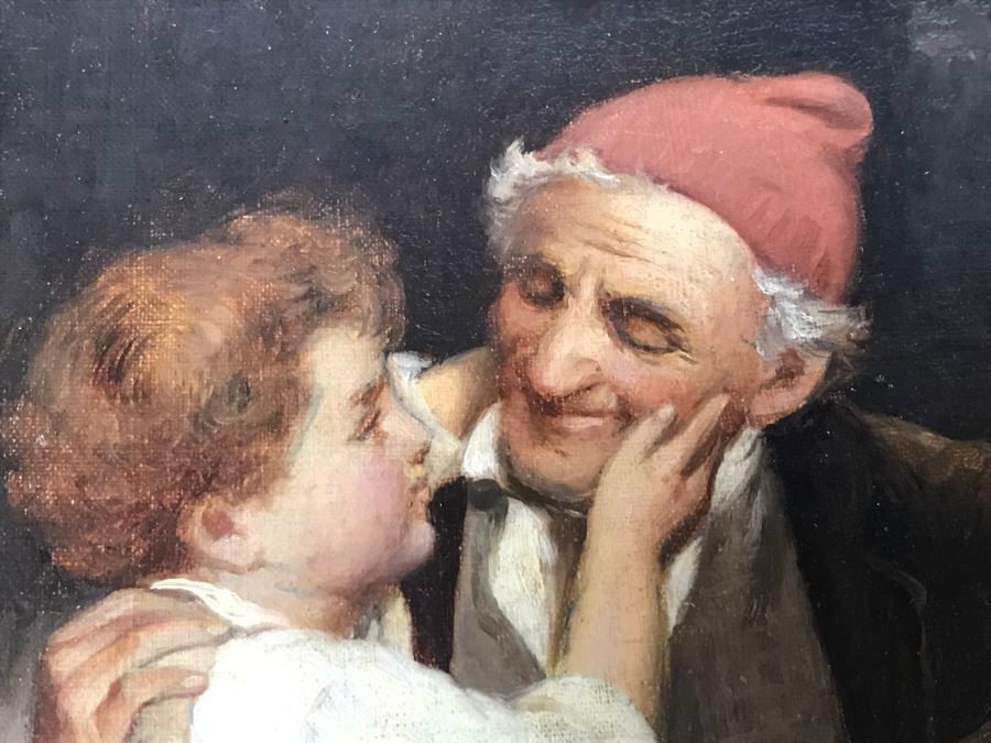 JUST ADDED - Original Oil Painting Of Boy With Man In Antique Frame Unkown Artist 12' X 14' [Photo 7]