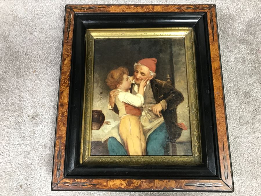 JUST ADDED - Original Oil Painting Of Boy With Man In Antique Frame Unkown Artist 12' X 14'