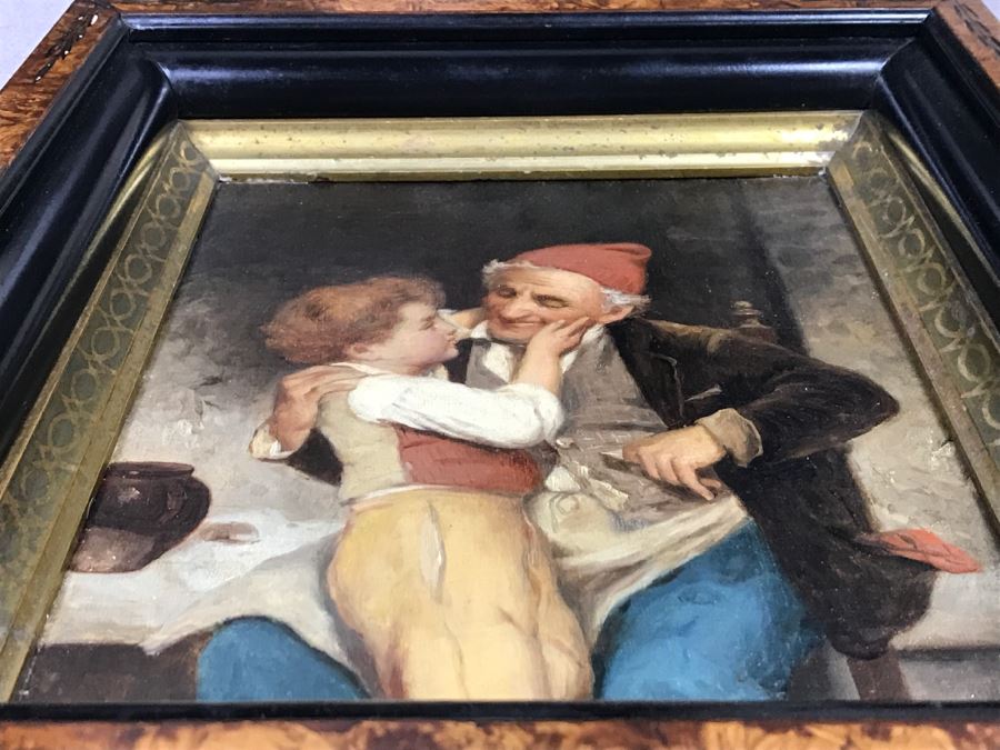 JUST ADDED - Original Oil Painting Of Boy With Man In Antique Frame Unkown Artist 12' X 14' [Photo 9]