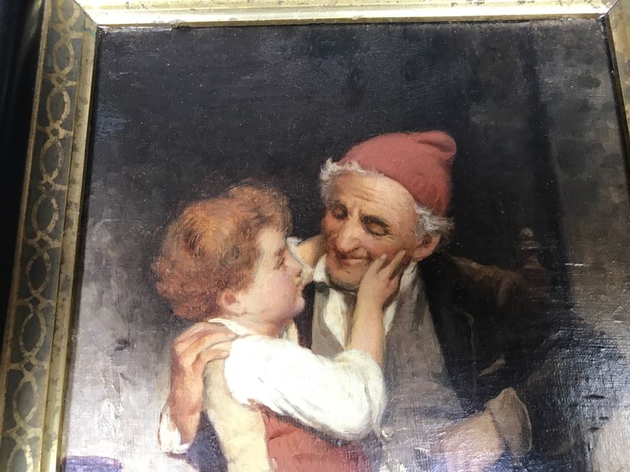 JUST ADDED - Original Oil Painting Of Boy With Man In Antique Frame Unkown Artist 12' X 14' [Photo 5]
