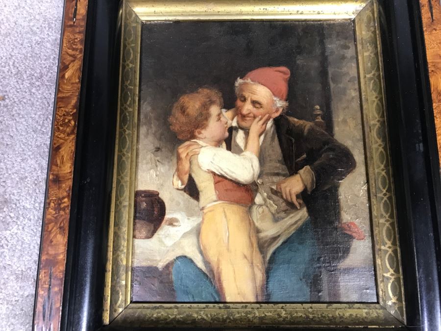 JUST ADDED - Original Oil Painting Of Boy With Man In Antique Frame Unkown Artist 12' X 14' [Photo 4]