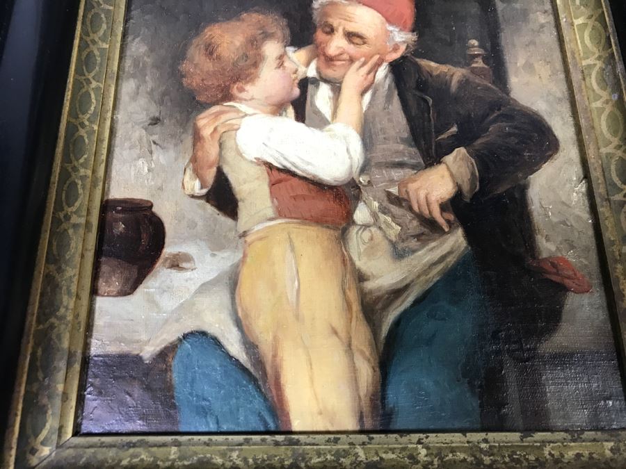 JUST ADDED - Original Oil Painting Of Boy With Man In Antique Frame Unkown Artist 12' X 14' [Photo 6]