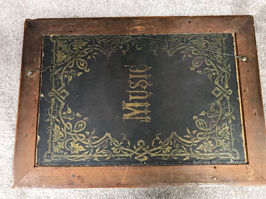 JUST ADDED - Original Oil Painting Of Winter Scene Painted On Back Of Music Book Cover In Vintage Frame Unknow Artist 17' X 12' [Photo 2]