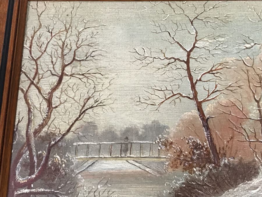 JUST ADDED - Original Oil Painting Of Winter Scene Painted On Back Of Music Book Cover In Vintage Frame Unknow Artist 17' X 12' [Photo 9]