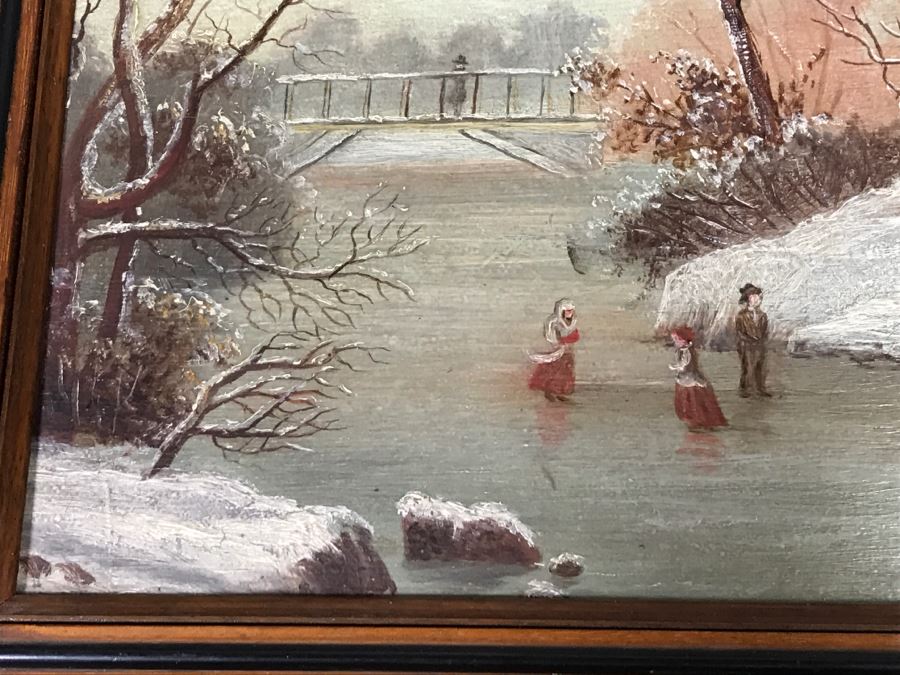 JUST ADDED - Original Oil Painting Of Winter Scene Painted On Back Of Music Book Cover In Vintage Frame Unknow Artist 17' X 12' [Photo 8]