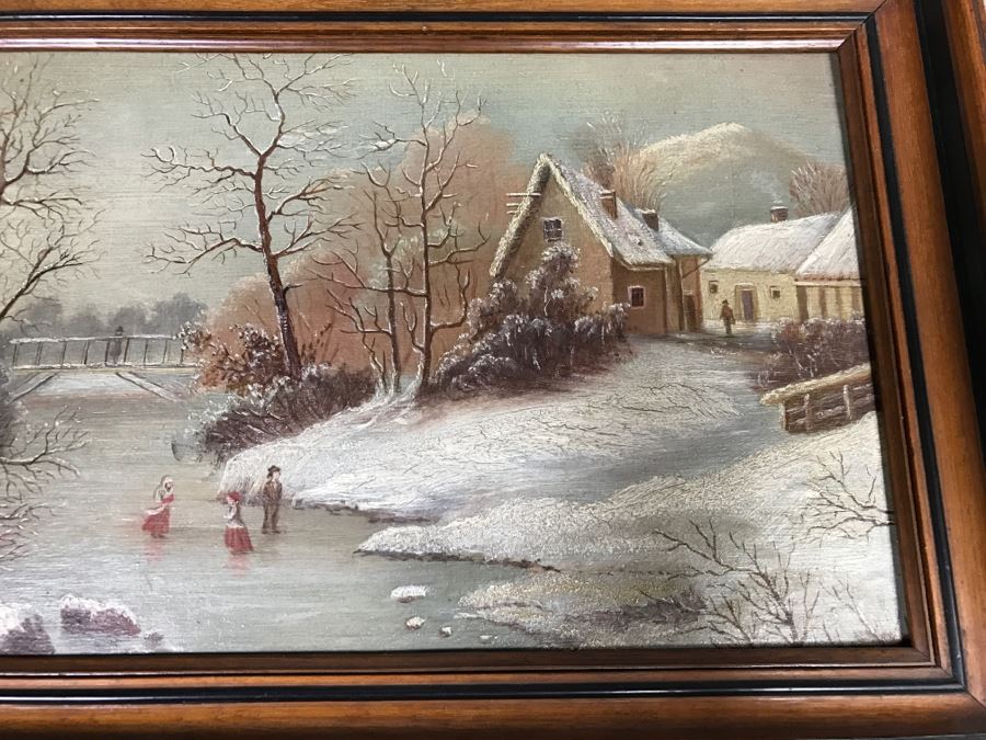 JUST ADDED - Original Oil Painting Of Winter Scene Painted On Back Of Music Book Cover In Vintage Frame Unknow Artist 17' X 12' [Photo 5]