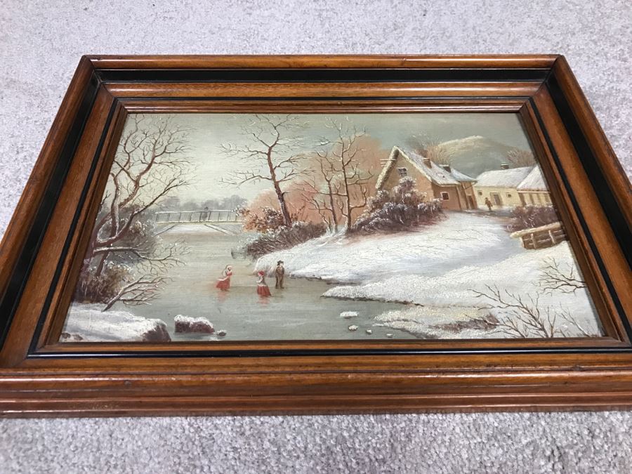 JUST ADDED - Original Oil Painting Of Winter Scene Painted On Back Of Music Book Cover In Vintage Frame Unknow Artist 17' X 12' [Photo 3]
