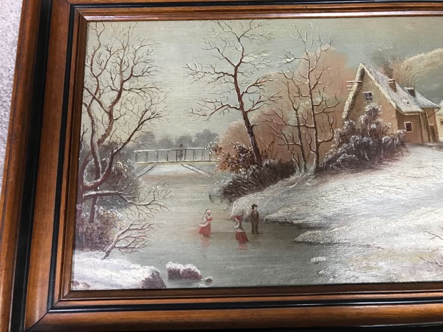 JUST ADDED - Original Oil Painting Of Winter Scene Painted On Back Of Music Book Cover In Vintage Frame Unknow Artist 17' X 12' [Photo 4]