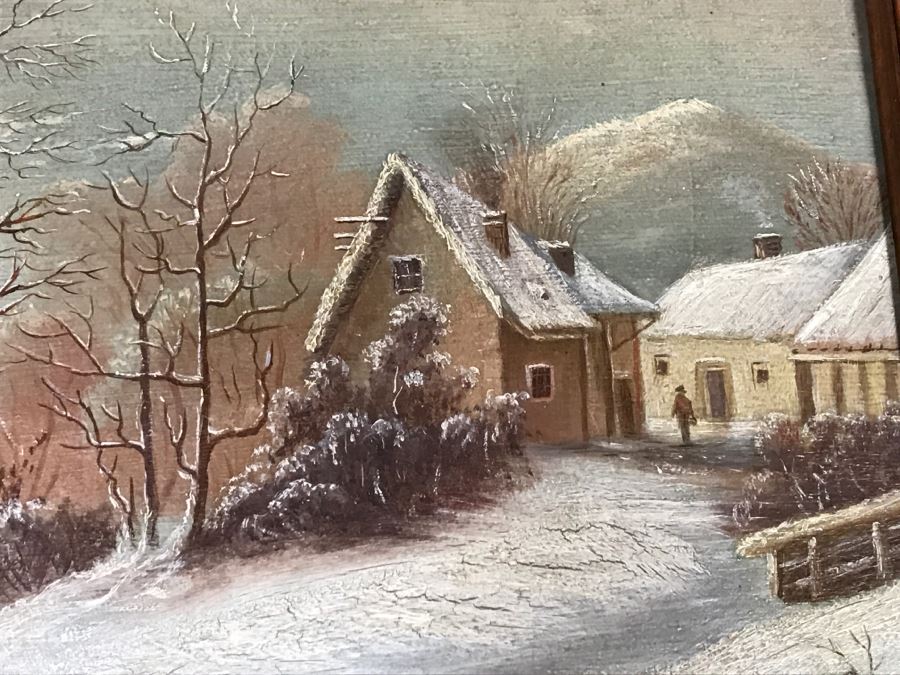 JUST ADDED - Original Oil Painting Of Winter Scene Painted On Back Of Music Book Cover In Vintage Frame Unknow Artist 17' X 12' [Photo 6]