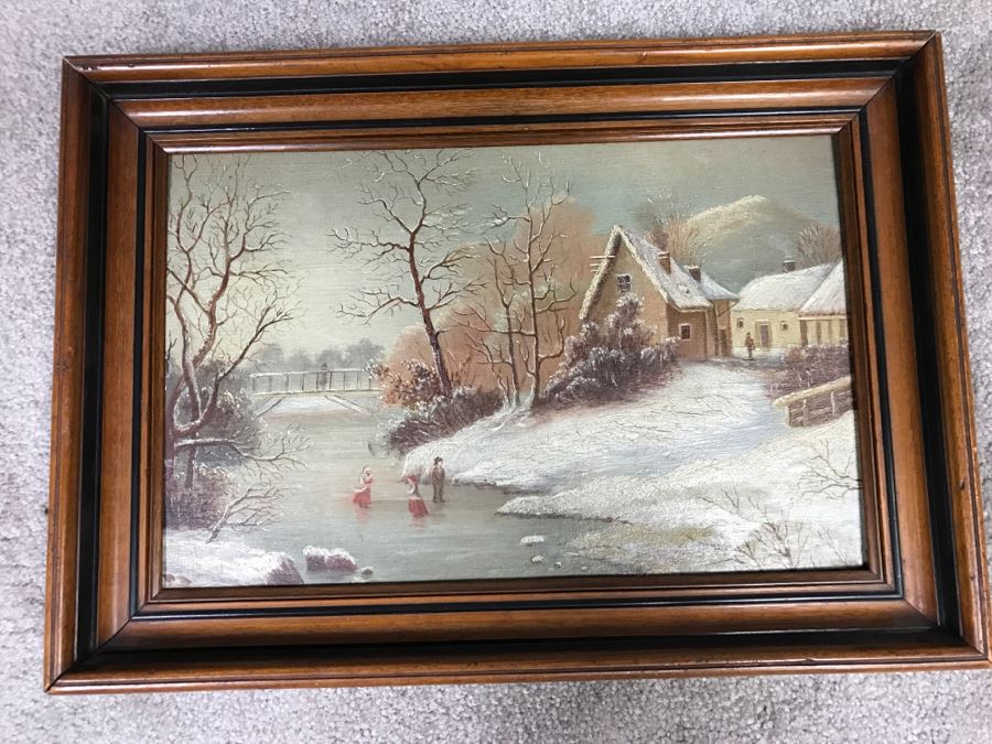 JUST ADDED - Original Oil Painting Of Winter Scene Painted On Back Of Music Book Cover In Vintage Frame Unknow Artist 17' X 12' [Photo 1]