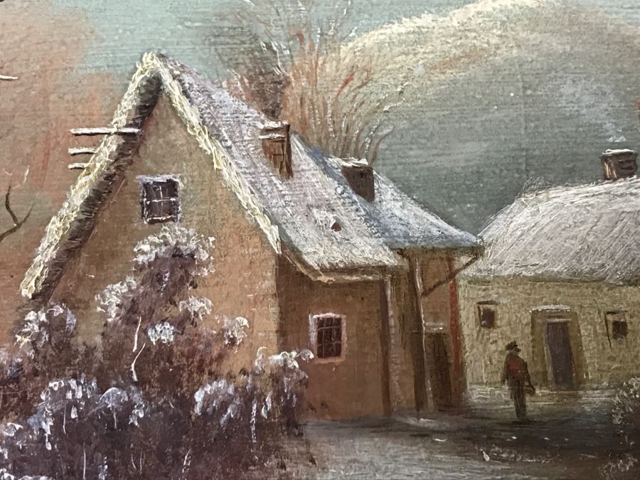JUST ADDED - Original Oil Painting Of Winter Scene Painted On Back Of Music Book Cover In Vintage Frame Unknow Artist 17' X 12' [Photo 10]