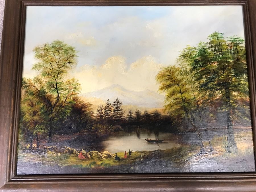 JUST ADDED - Original Plein Air Oil Painting Of Lake Scene Label On Back Reads FED? '83 16' X 12' [Photo 1]