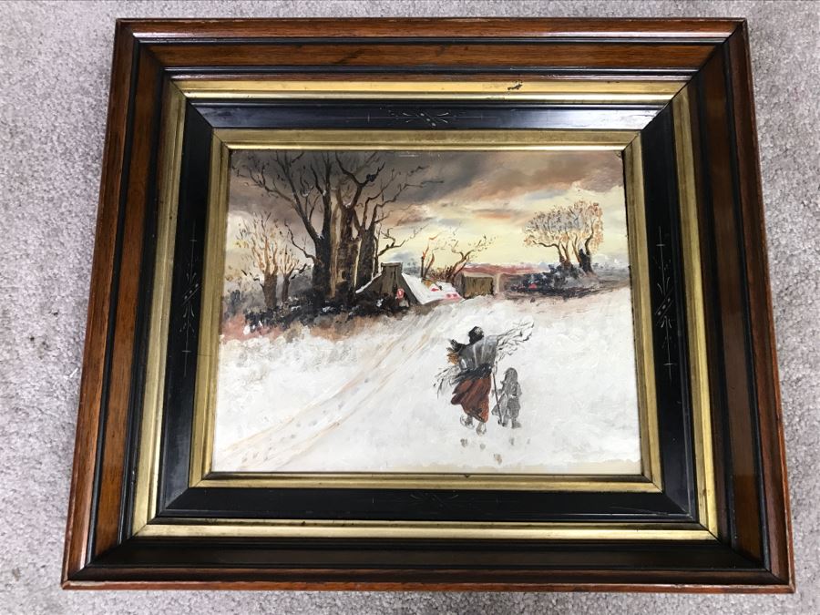 JUST ADDED - Original Oil Painting Of Winter Scene Unknow Artist In Antique Frame 14' X 12'