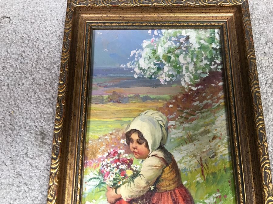 JUST ADDED - Colorful Original Oil Painting Of Woman In Field Picking Flowers In Vintage Frame Unknown Artist 7.5' X 13' [Photo 3]