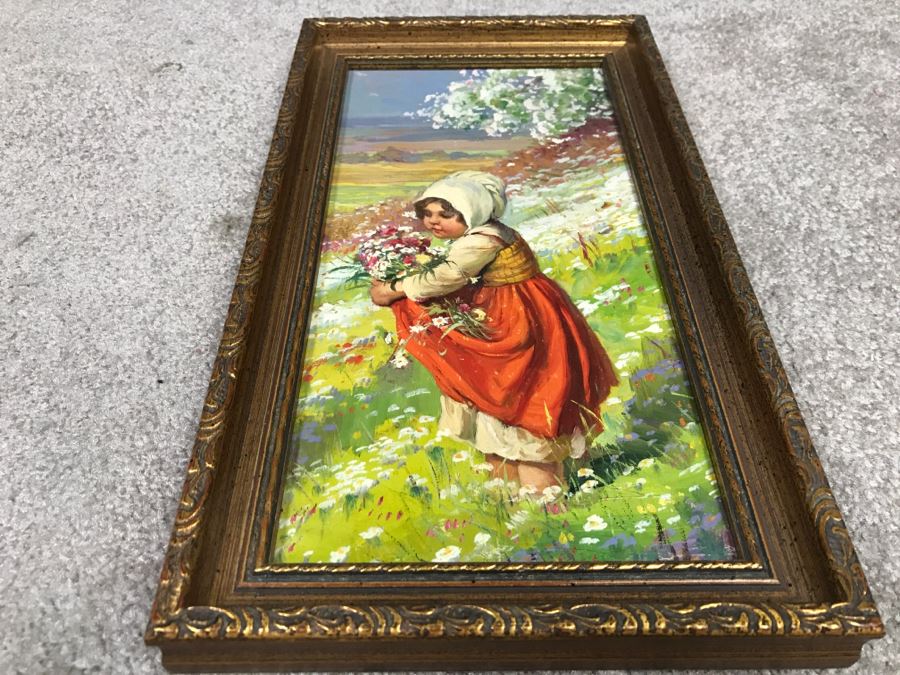 JUST ADDED - Colorful Original Oil Painting Of Woman In Field Picking Flowers In Vintage Frame Unknown Artist 7.5' X 13' [Photo 5]