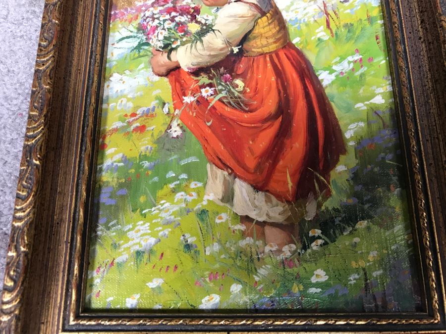 JUST ADDED - Colorful Original Oil Painting Of Woman In Field Picking Flowers In Vintage Frame Unknown Artist 7.5' X 13' [Photo 4]