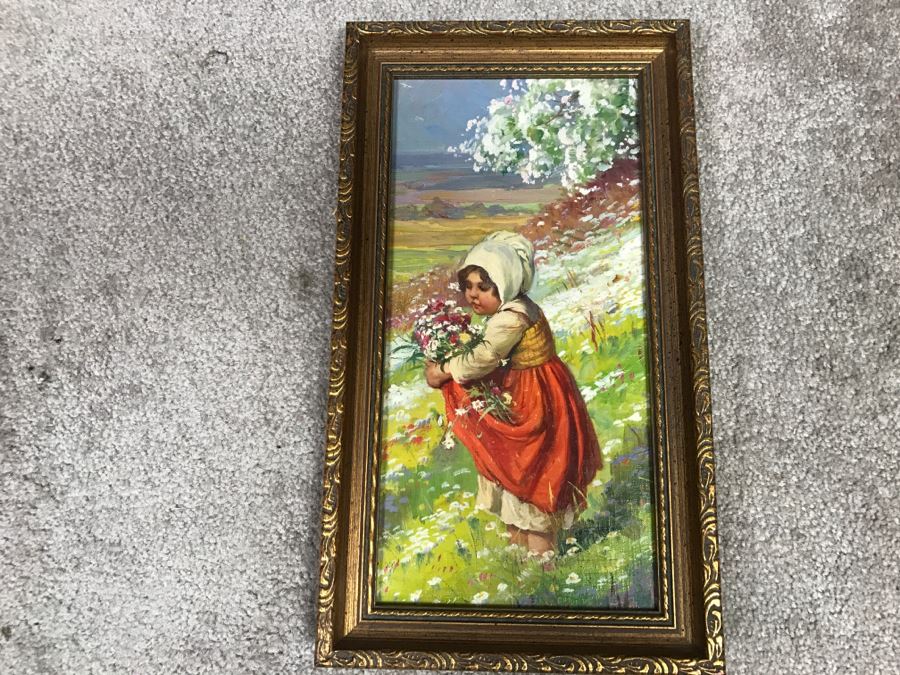 JUST ADDED - Colorful Original Oil Painting Of Woman In Field Picking Flowers In Vintage Frame Unknown Artist 7.5' X 13'