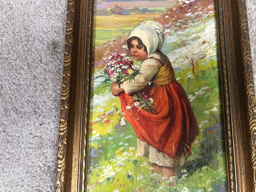 JUST ADDED - Colorful Original Oil Painting Of Woman In Field Picking Flowers In Vintage Frame Unknown Artist 7.5' X 13' [Photo 2]