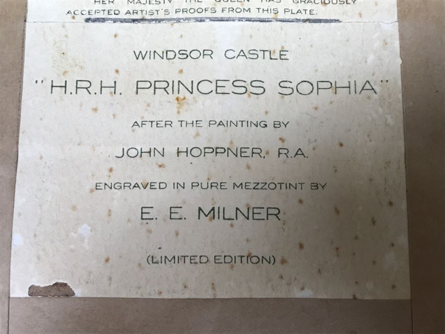 JUST ADDED - Windsor Castle H.R.H. Princess Sophia After Painting By John Hoppner Engraved In Pure Mezzotint By E.E. Milner Limited Edition 18' X 21.5' [Photo 23]