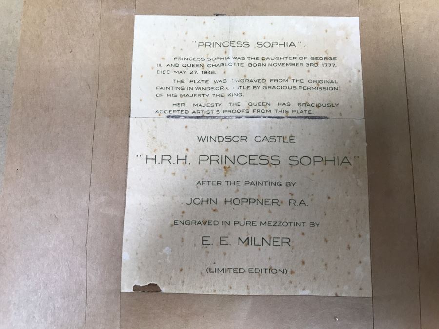 JUST ADDED - Windsor Castle H.R.H. Princess Sophia After Painting By John Hoppner Engraved In Pure Mezzotint By E.E. Milner Limited Edition 18' X 21.5' [Photo 21]