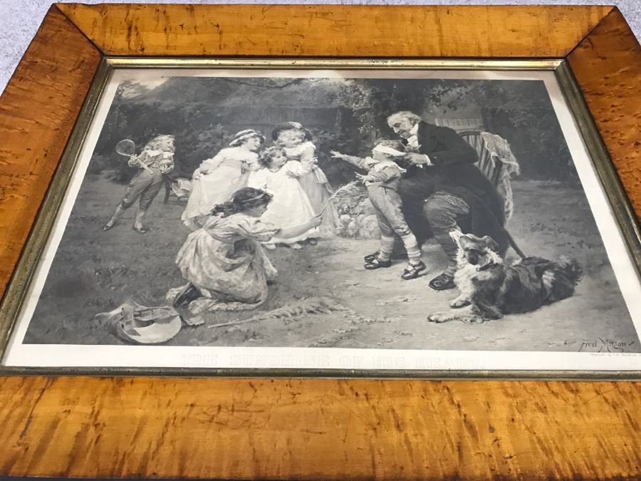 JUST ADDED - Print Titled 'The Sunshine Of His Heart' By Fred Morgan C.W. Faulkner & Co In Stunning Vintage Birds Eye Maple Frame 22' X 17' [Photo 17]
