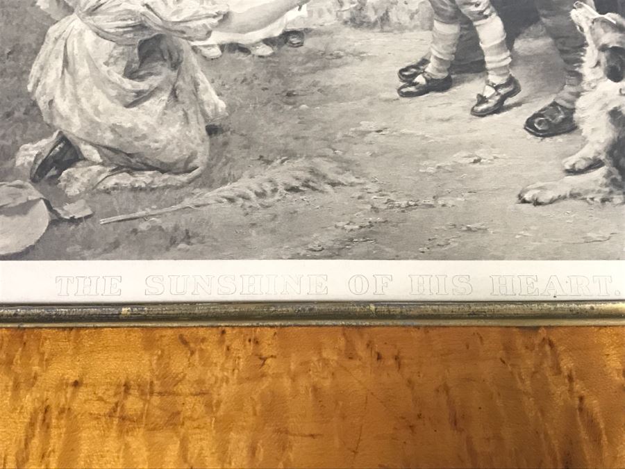 JUST ADDED - Print Titled 'The Sunshine Of His Heart' By Fred Morgan C.W. Faulkner & Co In Stunning Vintage Birds Eye Maple Frame 22' X 17' [Photo 11]