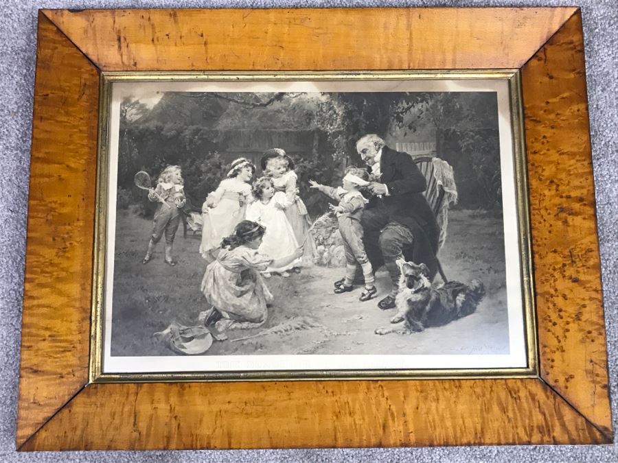 JUST ADDED - Print Titled 'The Sunshine Of His Heart' By Fred Morgan C.W. Faulkner & Co In Stunning Vintage Birds Eye Maple Frame 22' X 17' [Photo 1]