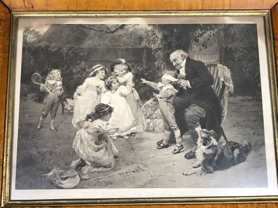 JUST ADDED - Print Titled 'The Sunshine Of His Heart' By Fred Morgan C.W. Faulkner & Co In Stunning Vintage Birds Eye Maple Frame 22' X 17' [Photo 2]