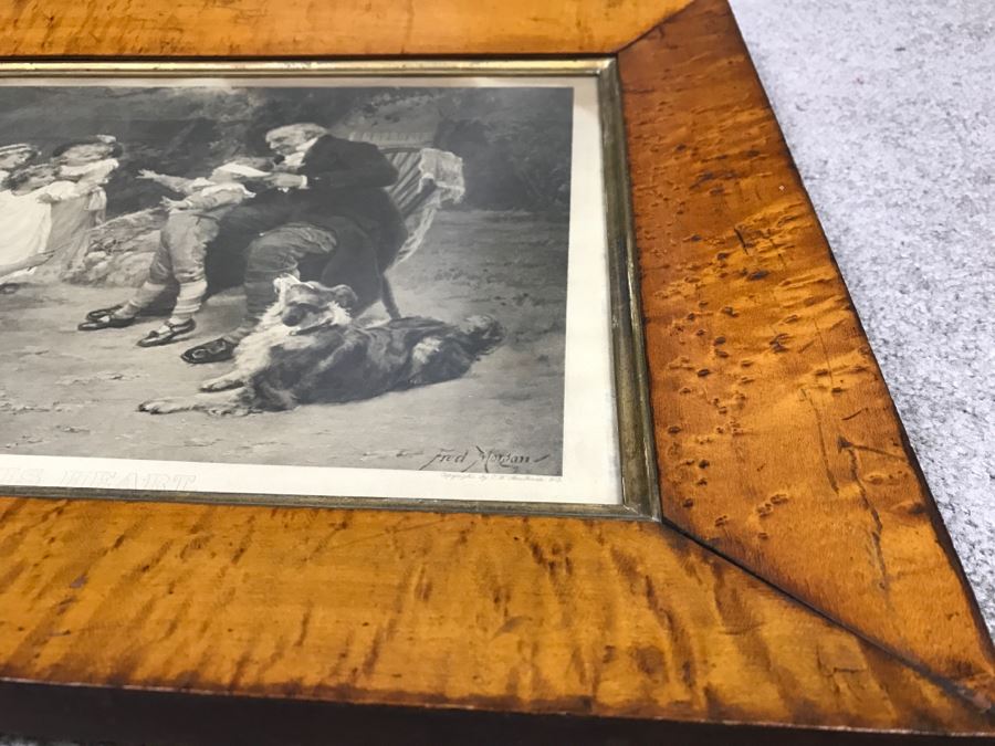 JUST ADDED - Print Titled 'The Sunshine Of His Heart' By Fred Morgan C.W. Faulkner & Co In Stunning Vintage Birds Eye Maple Frame 22' X 17' [Photo 14]