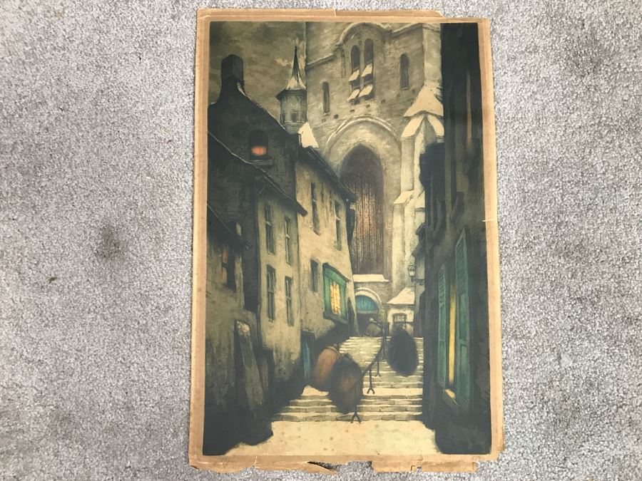 JUST ADDED - Limited Edition Lithograph Of Hooded Figures Walking Up Old Stairs - Note Edge Tears 12' X 19' [Photo 2]