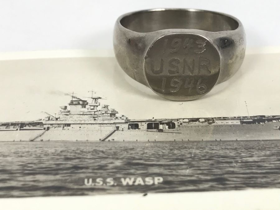 JUST ADDED - Vintage US Navy U.S.S. WASP Photograph With Engraved Ring '1943 U.S.N.R. 1946'