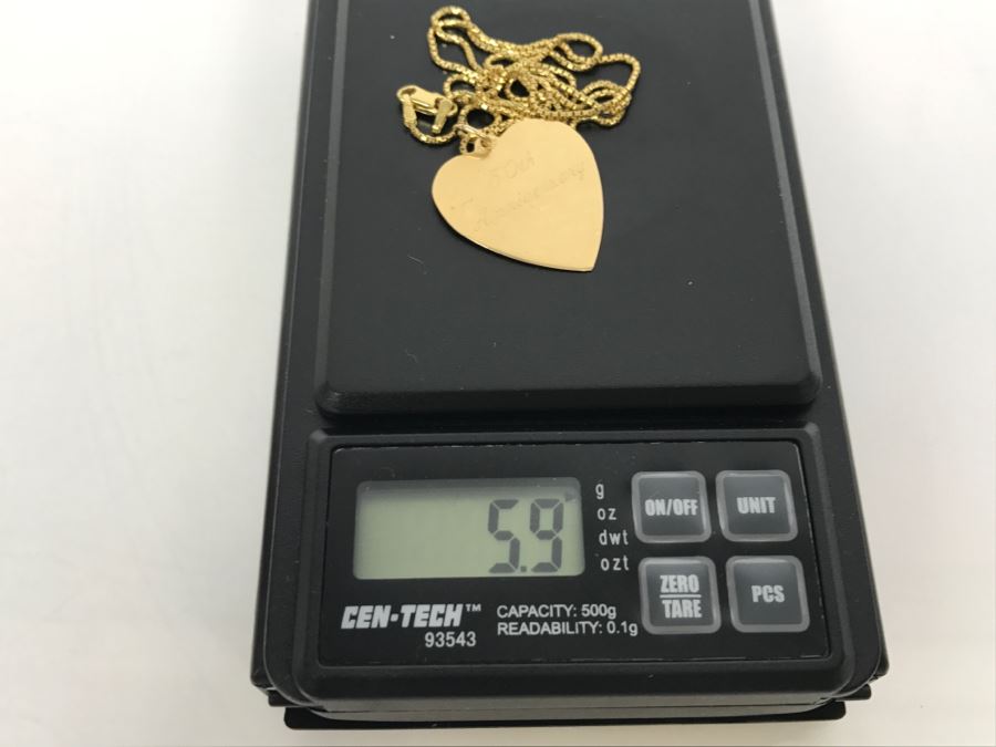 JUST ADDED - 14k Gold Heart-Shaped 50th Anniversary Pendant And 18k Box Chain 5.9g TW [Photo 9]