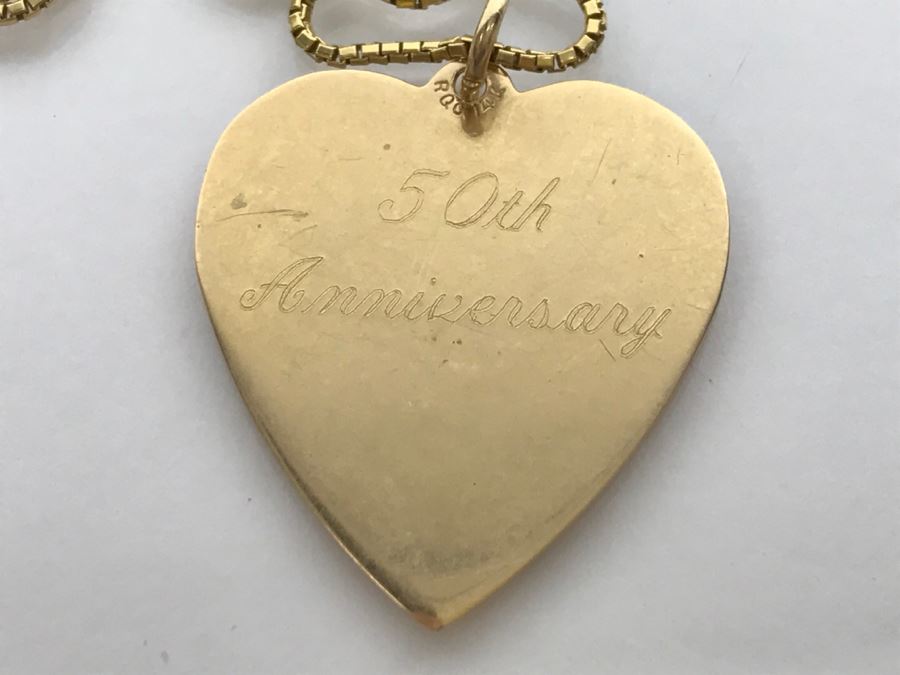JUST ADDED - 14k Gold Heart-Shaped 50th Anniversary Pendant And 18k Box Chain 5.9g TW [Photo 4]
