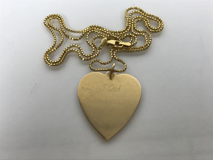 JUST ADDED - 14k Gold Heart-Shaped 50th Anniversary Pendant And 18k Box Chain 5.9g TW [Photo 3]
