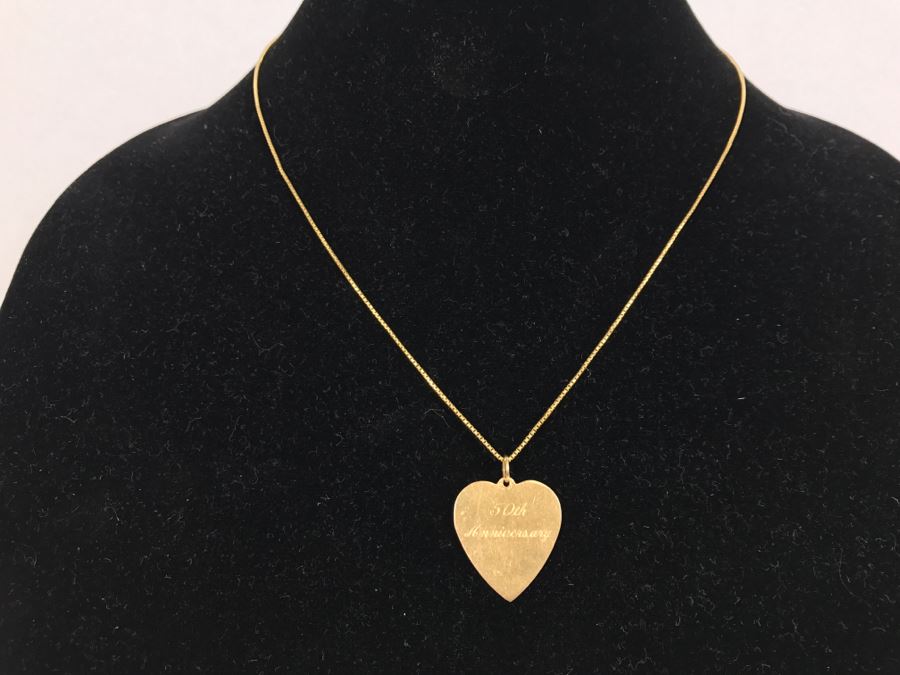 JUST ADDED - 14k Gold Heart-Shaped 50th Anniversary Pendant And 18k Box Chain 5.9g TW [Photo 2]