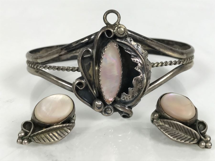 Silver Bracelet With Matching Clip Earrings - No Markings And Not Tested For Silver - 20.6g [Photo 1]