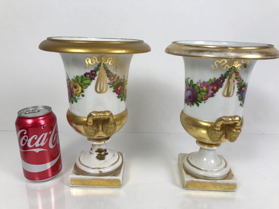 JUST ADDED - Vintage Pair Of Painted Urns
