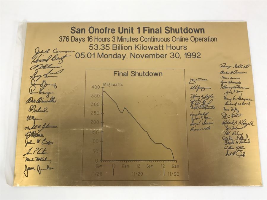 JUST ADDED - Brass Plaque Of San Onofre Unit 1 Final Shutdown Chart