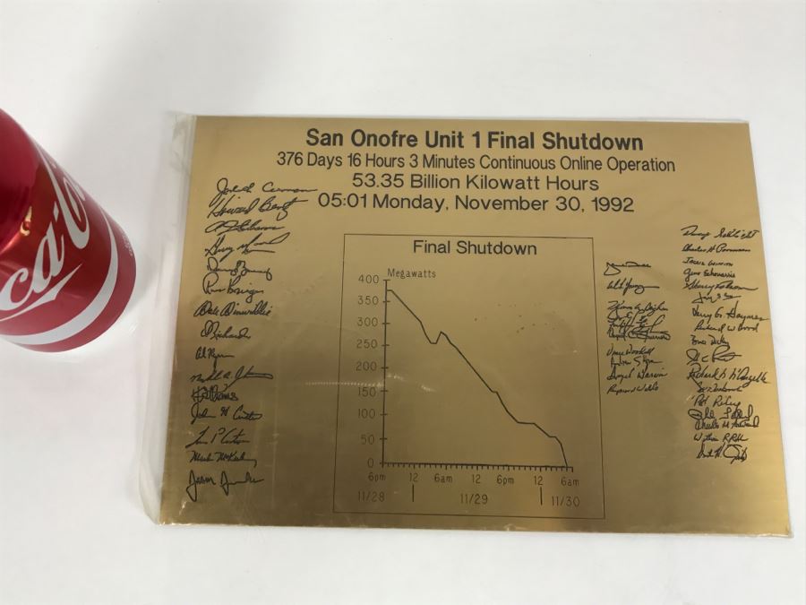 JUST ADDED - Brass Plaque Of San Onofre Unit 1 Final Shutdown Chart [Photo 2]
