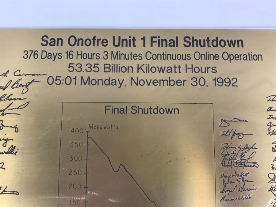 JUST ADDED - Brass Plaque Of San Onofre Unit 1 Final Shutdown Chart [Photo 4]