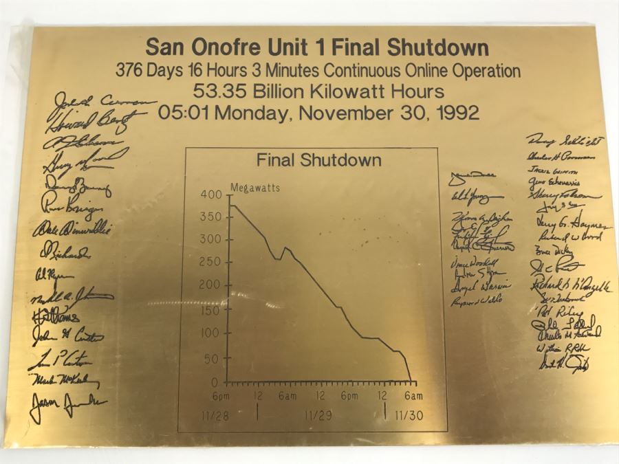 JUST ADDED - Brass Plaque Of San Onofre Unit 1 Final Shutdown Chart [Photo 3]
