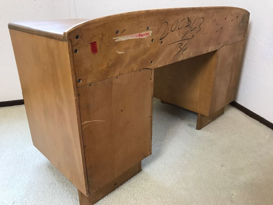 Heywood Wakefield 'Skyliner' 1939 Mid-Century Modern With Art Deco Styling Vanity Desk With Matching Bench Chair [Photo 20]