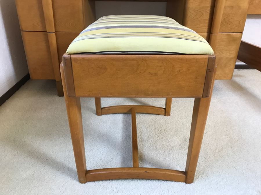 Heywood Wakefield 'Skyliner' 1939 Mid-Century Modern With Art Deco Styling Vanity Desk With Matching Bench Chair [Photo 24]