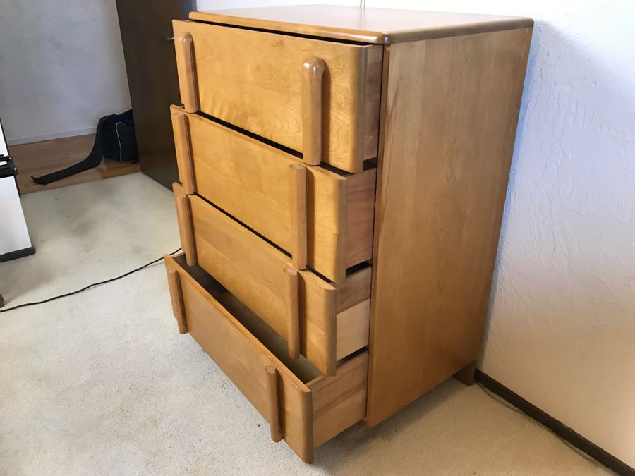 Heywood Wakefield 'Skyliner' 1939 Mid-Century Modern With Art Deco Styling 4-Drawer Highboy Chest Of Drawers Dresser [Photo 10]