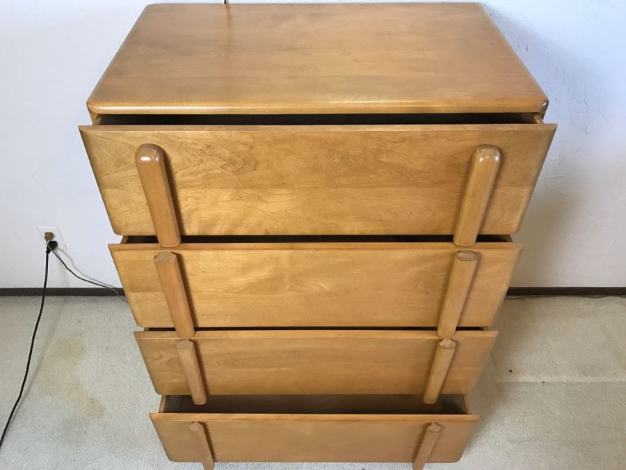 Heywood Wakefield 'Skyliner' 1939 Mid-Century Modern With Art Deco Styling 4-Drawer Highboy Chest Of Drawers Dresser [Photo 9]