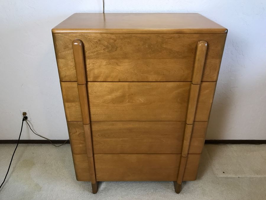 Heywood Wakefield 'Skyliner' 1939 Mid-Century Modern With Art Deco Styling 4-Drawer Highboy Chest Of Drawers Dresser [Photo 4]
