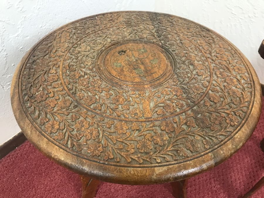 Pair Of Hand Carved Sheshum Wood Inlay Tables From India